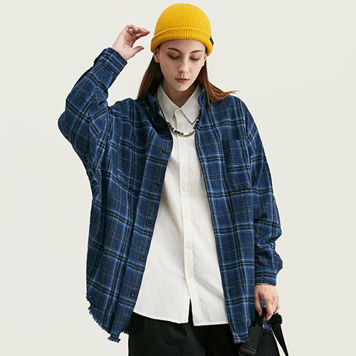 2021SS Drop Shoulder Flannel Shirt With Grinding hem